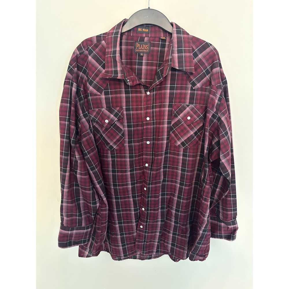 Plains Western Wear Mens 3X Burgundy Black Plaid Pearl Snap Long Sleeve Shirt